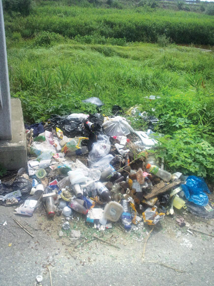 한 농촌마을 길가에 비닐과 플라스틱 등 생활쓰레기가 버려져 있다. 