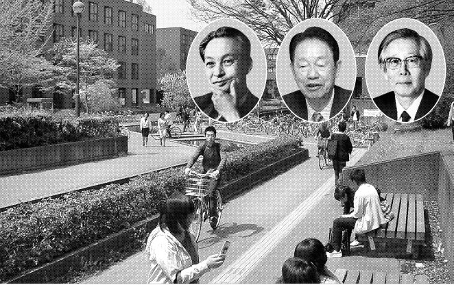 도쿄에서 약 60㎞ 떨어진 조용한 연구도시 쓰쿠바시에 위치한 국립 쓰쿠바 대학. 학생들은 넓은 캠퍼스를 이동할 때 자전거를 주로 이용한다. 자율적인 연구와 통합을 강조하는 학풍 속에서 이 대학은 3명의 노벨상 수상자(얼굴사진)를 배출하기도 했다. 사진 왼쪽부터 노벨물리학상 수상자인 도모나가 신이치로·에사키 레오나 명예교수와 노벨화학상을 수상한 시라카와 히데키 교수. 서울신문 포토 라이브러리 