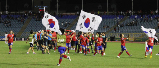 U-17여자월드컵 우승 환호 26일  2010 국제축구연맹(FIFA) U-17 여자월드컵 결승에서 승부차기 끝에 일본을 꺽고 우승한 한국대표팀 선수들이 태극기를 들고 환호하고 있다.  포트오브스페인<트리니다드토바고>=연합뉴스