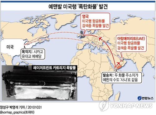 버락 오바마 미국 대통령은 29일 미국으로 향하던 중 압수된 수상한 항공화물이 폭발 물질을 포함하고 있었다면서 이는 “믿을만한 테러 위협”이라고 밝혔다.  연합뉴스