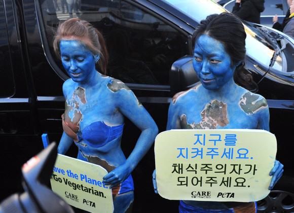 ‘동물을 윤리적으로 대우하는 사람들’ 소속 여성 회원 2명이 9일 코엑스 앞에서 육류산업 위험 경고 보디페인팅 시위를 하고 있다. 이종원 선임기자 jongwon@seoul.co.kr