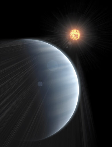 지구에서 42광년 떨어진 슈퍼지구 ‘GJ1214’의 모형도(왼쪽).   AP 특약