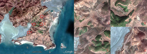 구글 위성지도에 북한의 개머리 진지 포대로 추정되는 위성사진이 포착되었다.  촬영날자는 11월 25일. 구글/연합뉴스