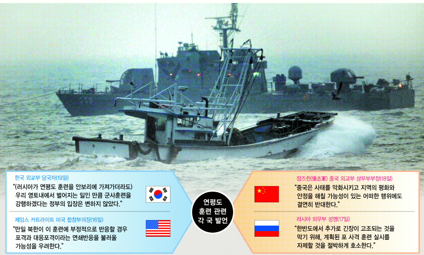 우리 군이 연평도 해상에서 사격훈련을 실시하겠다는 방침에 대해 북한군이 ‘자위적 타격’을 가하겠다고 위협한 가운데 19일 연평도에서 한 어선이 해군 함정의 보호를 받으며 조업을 위해 바다로 나가고 있다. 김학준기자 eagleduo@seoul.co.kr