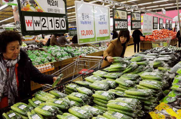 사야 하나…  새해 벽두부터 물가 불안이 서민들을 엄습하고 있는 가운데 6일 서울 양재동 하나로마트에서 주부들이 가격이 오른 채소 매장을 돌며 반찬거리를 고르고 있다.  류재림기자 jawoolim@seoul.co.kr