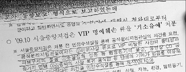 지원관실의 ‘해명용’ 문건  지난해 6월 국회 정무위 민주당 의원들이 ‘민간인 사찰’ 의혹을 제기하자 공직윤리지원관실에서 ‘해명용’으로 작성한 문건. 문건에는 지원관실에서 김종익 전 NS한마음 대표 사찰 결과를 민정수석실에 보고하고, 검찰과 민정수석실이 연락을 주고받은 내용이 담겨 있다. 