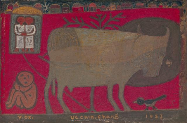 일반에 처음 공개되는 1953년작 ‘소’. 장욱진 화백은 초기작에서 소를 소재로 한 우화적인 작품을 선보였다.