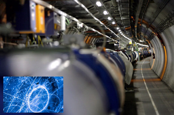 유럽입자물리연구소(CERN)가 중성미자(뉴트리노·작은 사진)를 진공 상태에서 732㎞ 이동시키는 데 사용한 대형강압자충돌기(LHC). 뉴트리노는 우주를 탄생시킨 대폭발(빅뱅) 때 만들어져 지금도 공기 중을 떠돌아다닌다. 알자지라·가디언 홈페이지