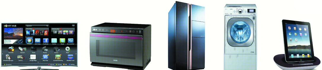 왼쪽부터 삼성전자 스마트TV (스마트폰이 리모컨 역할), LG전자 ‘디오스 광파오븐’(스마트폰으로 150여가지 요리 가능), 삼성전자 ‘그랑데스타일’ 스마트 냉장고(스마트폰으로 냉장고 식료품 장보기),LG전자 ‘트롬’ 드럼세탁기(스마트폰으로 새로운 세탁코스 다운로드, 고장 진단),필립스 ‘피델리오’ 도킹 스피커(스마트폰으로 이퀄라이징 등 다양한 기능 구현) 
