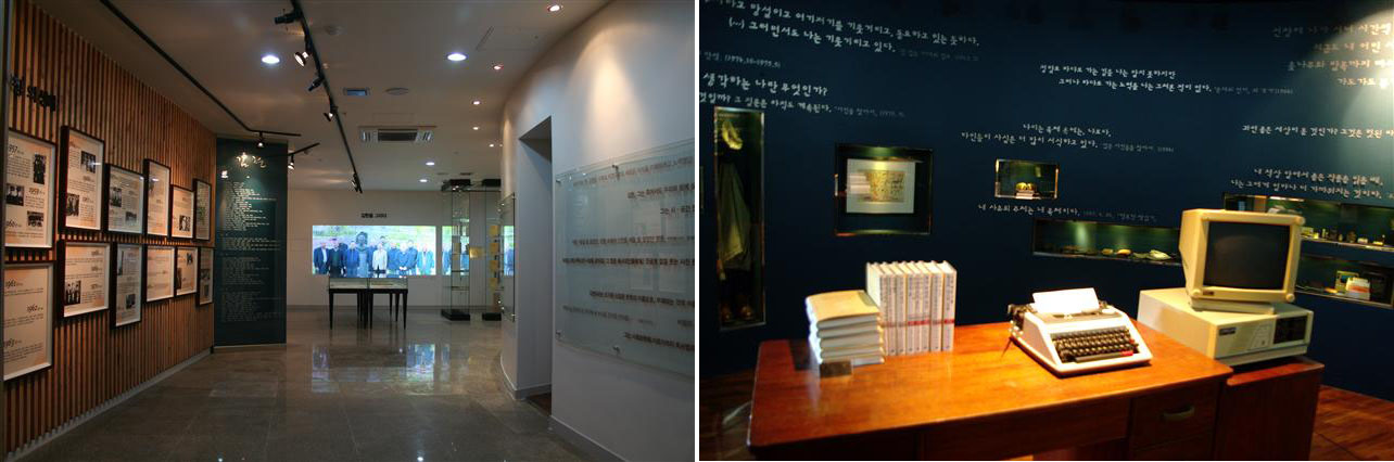 왼쪽부터 김현 문학관 내부, 전시관에 재현된 김현의 책상. 김현은 마라톤 타자기와 하심전자의 16비트 컴퓨터를 썼다. 문학과지성 제공