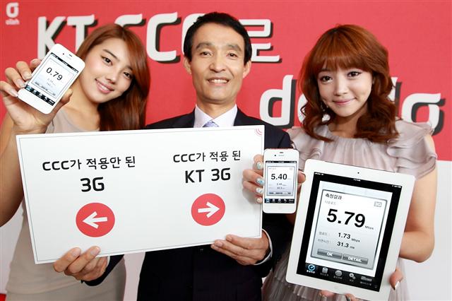 김성만(가운데) KT 네트워크부문장이 6일 서울 광화문사옥 올레스퀘어에서 세계 최초로 이동통신망에 클라우드 기술을 결합한 클라우드 커뮤니케이션 센터(CCC)의 데이터 처리 속도를 보여주고 있다. CCC가 적용되지 않은 3G망 무선 데이터 속도는 0.79Mbps(왼쪽)로 측정됐지만 CCC 기반의 3G망 데이터 전속 속도는 5.79Mbps(오른쪽)로 5배 이상 차이를 보였다.  KT 제공
