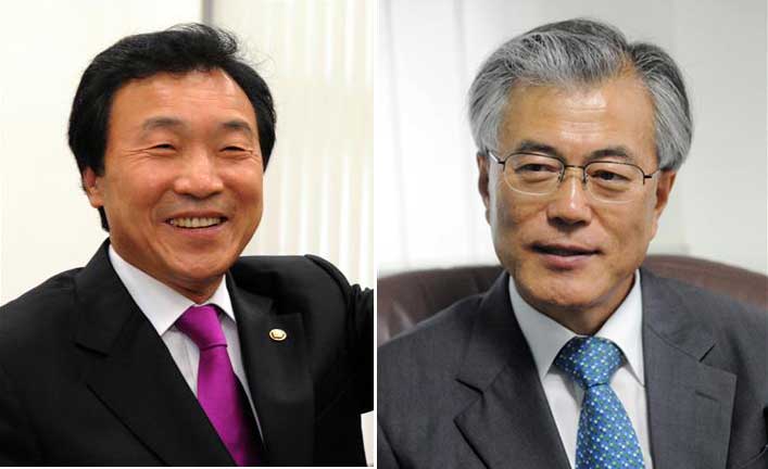 손학규 민주당 대표(왼쪽)-문재인 노무현재단 이사장(오른쪽)