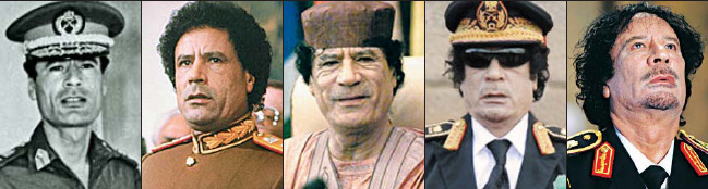 42년간 리비아를 통치한 최장기 중동 독재자의 시대가 막을 내렸다. 카다피의 명멸을 보여주는 사진들. 왼쪽부터 무혈 쿠데타로 권좌를 잡은 지 3년 뒤인 1972년과 1980년, 1999년과 2009년 다양한 복장과 표정으로 카메라에 잡힌 카다피의 모습.