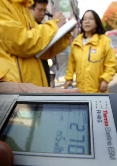 지난 2일 서울 노원구 월계동의 한 아파트 앞 도로에서 한국원자력안전기술원 관계자들이 측정 장비를 이용해 방사선량을 측정하고 있다. 연합뉴스 
