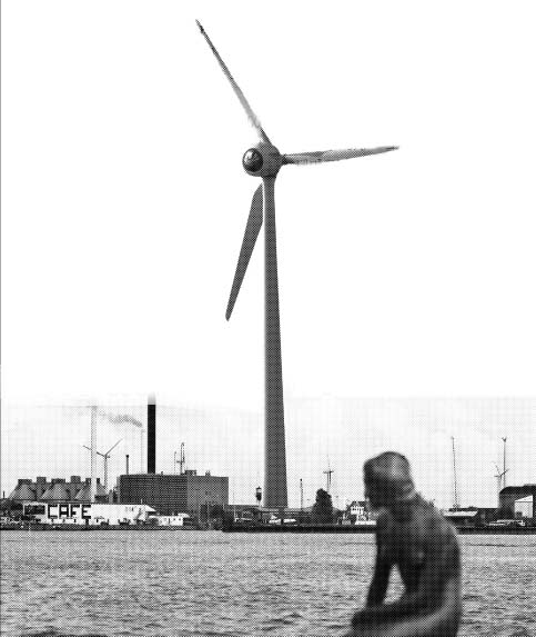 덴마크를 상징하는 인어공주 동상 뒤로 미델그룬덴 해상풍력단지의 풍력발전기들이 보인다.