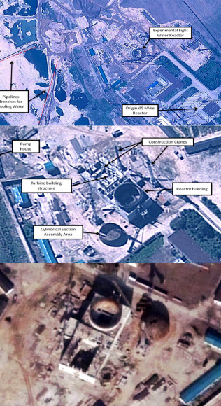 북한이 작년부터 자력으로 추진하고 있는 경수로 원자력발전소 건설이 빠르게 진전되고 있다고 워싱턴포스트(WP)가 15일 도쿄발 인터넷판 기사로 보도했다. 신문에 따르면 미국의 대(對) 북한 핵협상에 참여했던 조엘 위트는 이달 3일 촬영된 위성사진을 판독한 결과, 북한 경수로의 외벽 공사가 거의 마무리된 상태라고 주장했다. 위트는 위성사진을 보면 돔 형태의 경수로 지붕도 바로 옆에 놓여 있어 기중기를 이용해 격납용기가 설치되고 나서 지붕이 설치될 것으로 보인다면서 경수로 자체는 6~12개월 이내에 공사가 마무리될 전망이라고 설명했다.  사진은 위부터 2011년5월, 9월, 11월 경수로 공사를 인공위성으로 촬영한 모습. 38 north 웹사이트/연합뉴스