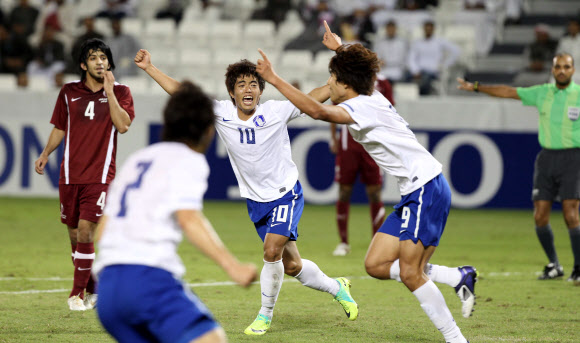 24일(한국시각) 카타르 도하에서 열린 올림픽축구 최종예선 한국-카타르 경기에서 김현성이 동점골을 넣고 나서 환호하고 있다.  연합뉴스