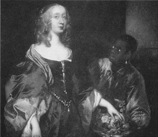 피터 렐리 경 ‘다이사트 백작부인 엘리자베스’ 1650년 경. 17세기 말 영국에서 흑인 노예는 가정의 애완동물처럼 귀족부인을 수행하며 옷을 잘 차려입었다. 유럽사회의 노예문화를 보여주는 유화.