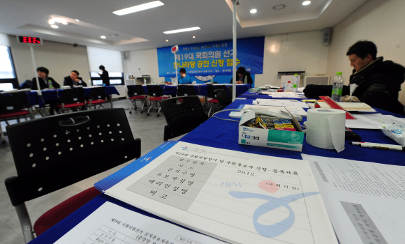 새누리당이 6일 4·11 총선 공천 후보에 대한 신청을 받기 시작했지만 신청자가 적어 서울 여의도 당사에 마련된 접수처가 한산한 모습이다.  안주영기자 jya@seoul.co.kr 