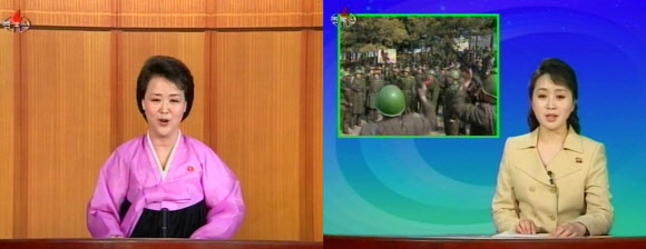 북한 조선중앙TV가 다양한 그래픽을 쓰며 젊은 아나운서를 등장시키고 있다. 왼쪽은 예전 뉴스 장면, 오른쪽은 요즘 뉴스 진행 장면.  연합뉴스 