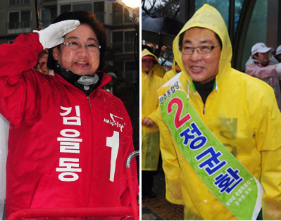 서울 송파병에 출마한 새누리당 김을동(왼쪽) 후보와 민주통합당 정균환(오른쪽) 후보가 3일 오전 각각 개롱역과 마천역에서 출근길 인사를 하고 있다.  안주영기자 jya@seoul.co.kr