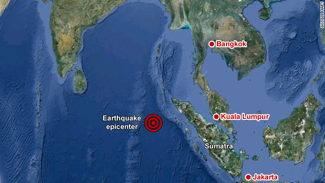 11일(한국시간) 인도네시아 수마트라섬 아체주 남서쪽 430km 해상에서 규모 8.7의 강진이 발생했다. 빨간원은 지진 진앙 예상지역. CNN 캡처