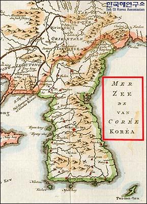 1757년 프랑스 니콜라스 벨렝이 제작한 지도. ‘조선해’라고 네덜란드어와 프랑스어로 병기해 놓았다. 독도본부 제공