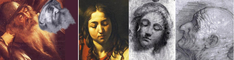 카라바조가 화가 시모네 페테르자노의 제자로 지내던 10대 때 그린 것으로 추정되는 작품들. 카라바조의 후기작 ‘성 바울의 개종’과 비슷한 얼굴의 노병(왼쪽 위), 역시 후기작 ‘엠마오의 만찬’(가운데 사진 왼쪽)에서 그린 예수의 얼굴과 빼닮은 얼굴(가운데 오른쪽)과 두상(맨 오른쪽) 스케치. 데일리메일 홈페이지