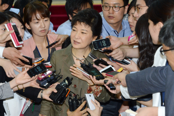 새누리당 박근혜 전 비상대책위원장이 13일 오후 국회에서 열린 의원총회에 참석하기에 앞서 기자들과 만나 정두언 의원에 대한 체포동의안 부결 사태와 관련해 입장을 밝히고 있다. 안주영기자 jya@seoul.co.kr