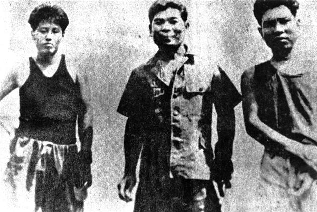양칠성(왼쪽부터), 아오키, 하세가와의 생전 모습. 네덜란드군 포로 시절 목격자들은 이들이 “수염이 가슴까지 늘어지고 머리는 산발”이었다고 증언했다. 사진은 1949년 8월 10일 네덜란드군에 의해 총살형이 집행되기 전 이발한 모습으로 추정된다.