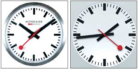 스위스 시계 제조업체 몬데인의 스위스 연방철도 시계 디자인(왼쪽)을 모방했다고 지목된 애플의 iOS6의 시계 애플리케이션. 앞서 애플은 자사 ‘둥근 모서리’ 디자인 특허를 침해했다는 이유로 삼성전자를 상대로 소송을 제기했으나 이번에는 반대로 피소될 위기에 처했다.  씨넷 홈페이지