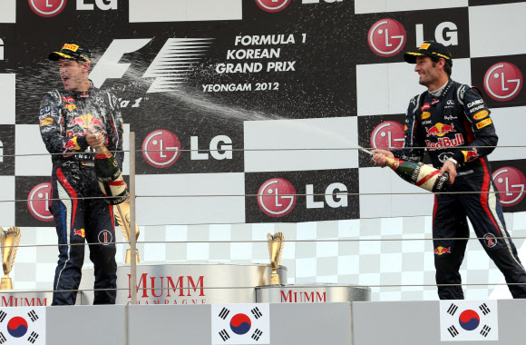 14일 오후 전남 영암 코리아 인터내셔널 서킷에서 열린 ‘2012 F1 코리아 그랑프리’ 결승전에서 2위를 차지한 마크 웨버(오른쪽·호주·레드불)가 1위로 들어온 제바스티안 페텔에게 샴페인을 뿌리고 있다. 연합뉴스