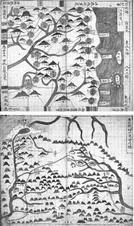 천하제국도의 강원도 지도(사진 위)에 우산도(독도·원표시)의 모습이 뚜렷이 보인다. ‘임진목호정계시소모’는 숙종 때 조선과 청나라가 국경을 확정하며 백두산에 정계비를 세운 여정을 그린 귀중본이다.  국립도서관 제공