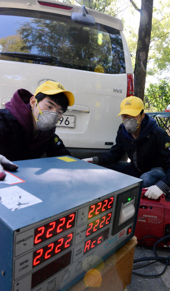 서울 서초구청 기업환경과 공익들이 구청에서 자동차 배기가스 검사를 하고 있다.