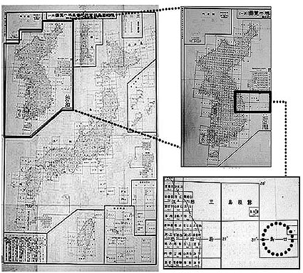 일제 강점기인 1936년 일본 육군참모본부가 제작한 지도구역일람도(왼쪽)를 국가기록원이 복원한 결과 독도와 울릉도가 조선구역(오른쪽 위)에 포함된 사실이 24일 확인됐다. 조선구역을 확대해 보면 한자로 울릉도와 독도(지도에서는 죽도·오른쪽 아래 둥근 점선 안)가 선명하게 적혀 있고, 일본구역과 구분하는 굵은 선이 그려져 있다.  국가기록원 제공