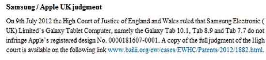 애플 홈피에 “삼성 안베꼈다”   애플이 25일(현지시간) 자사 영국 홈페이지에 게재한 “삼성전자의 갤럭시탭이 아이패드를 베끼지 않았다.”는 내용의 영국 법원의 판결문 내용 일부. 판결문 게재는 지난 18일 영국 법원의 결정에 따른 조치다. 연합뉴스 