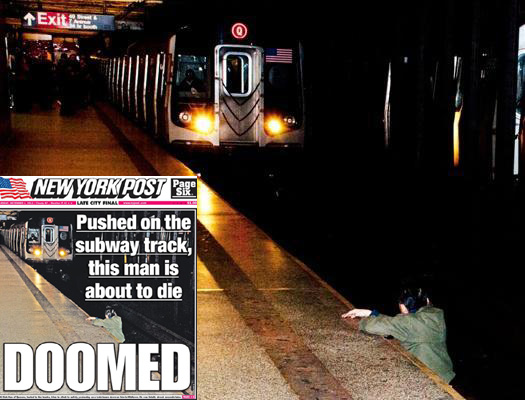3일(현지시간) 미국 뉴욕 맨해튼의 지하철역에서 흑인 남성에게 떠밀려 추락한 한기석씨가 돌진하는 전동차를 바라보며 승강장에 오르려고 애를 쓰고 있다(큰 사진). 뉴욕포스트는 4일 한씨의 사고 직전 사진을 ‘(죽을)운명’이라는 자극적인 설명과 함께 1면에 실어 파문이 일고 있다(작은 사진).  뉴욕포스트 캡처