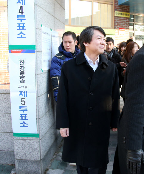 18대 대통령선거가 실시된 19일 오전 서울 용산구 한강로동 한강초등학교에 마련된 한강로동 제4투표소에서 안철수 전 후보가 투표를 마친 뒤 투표소를 나서고 있다. 연합뉴스