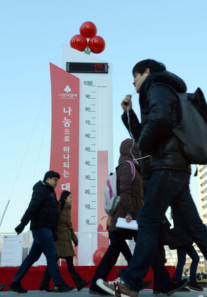 사회복지공동모금회가 서울 세종로 광화문 광장에 설치한 사랑의 온도탑의 눈금이 크리스마스 이브인 24일 50.6도를 가리키고 있다. 올해 목표액은 2670억원으로 현재 1351억원이 모였다. 목표액이 달성되면 온도계는 100도가 된다.  정연호 기자 tpgod@seoul.co.kr
