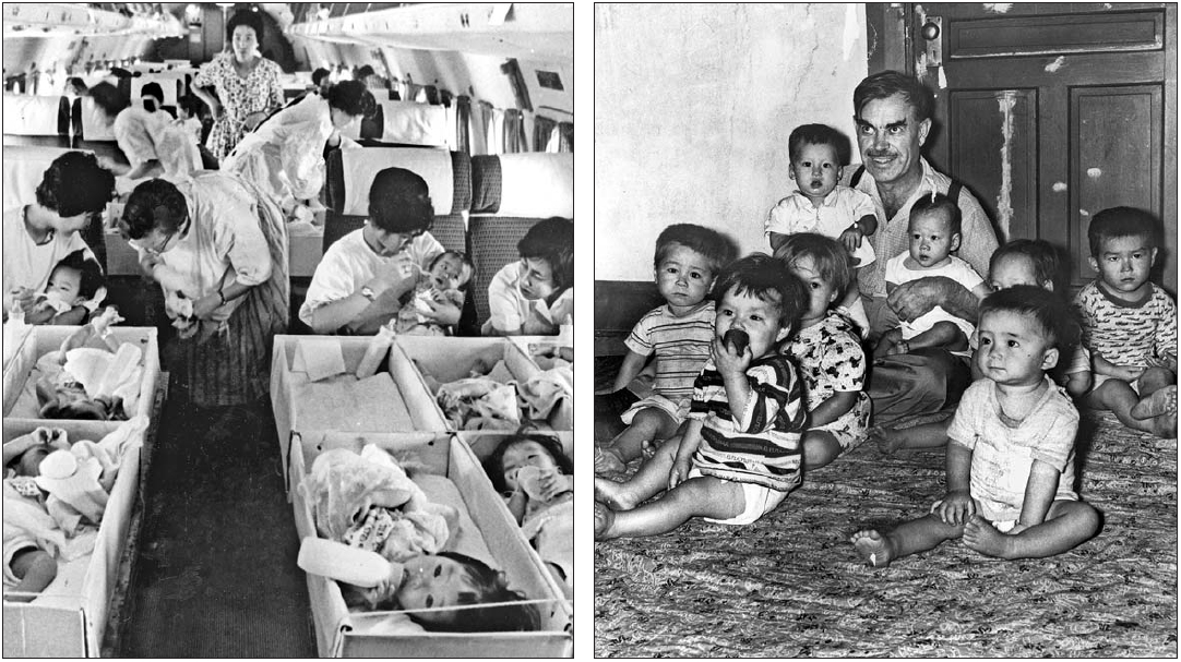  해외 입양을 위해 1956년 처음으로 띄운 전세기 내부 모습(왼쪽). 입양되는 아이들이 간이침대에서 우유병을 물고 있다. 전세기 행선지는 미국 샌프란시스코였다. 해외 입양 전세기는 1961년까지 3~5개월 간격으로 태평양을 건넜다. 홀트아동복지회 창설자인 해리 홀트가 1955년 처음으로 입양한 아이들 8명과 한자리에 앉아 있다(오른쪽). 이미 6남매를 둔 홀트는 한국인 아들, 딸 4남 4녀를 더 얻게 됐다. 국가기록원 제공