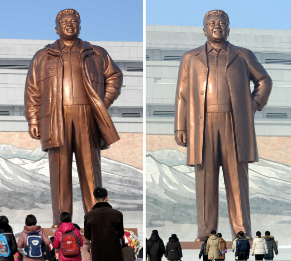 설을 맞은 10일 평양 만수대 언덕에서 옷을 갈아입은 김정일 동상이 공개됐다고 일본 교도통신이 보도했다. 사진 왼쪽은 기존 코트 차림의 김정일 동상, 오른쪽은 10일 공개된 점퍼 같은 겉옷을 입은 김정일 동상.  연합뉴스