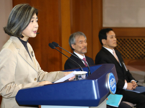 김행 청와대 대변인이 3일 청와대 춘추관에서 유민봉 국정기획수석, 최순홍 미래전략수석이 배석한 가운데 긴급기자회견을 갖고 “새 정부는 임시국회가 끝나는 오는 5일까지는 국회가 정부조직법 통과시켜줄 것을 거듭해서 간곡히 호소드린다”고 밝히고 있다. 연합뉴스