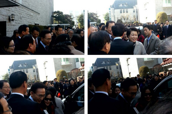 이명박 전 대통령 내외가 3일 오전 서울 강남구 소망교회에서 퇴임 후 첫 예배를 마치고 예배당을 나서며 교인들과 인사하고 있다.  @qoqo0702 트위터 제공/연합뉴스