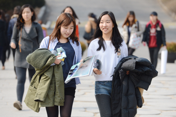6일 서울의 낮기온이 영상 14.3도까지 오르는 등 전국적으로 포근한 날씨를 보였다. 서울 서대문구 이화여대 캠퍼스에서 학생들이 외투를 벗어 손에 든 채 걸어가고 있다. 7일에도 포근한 날씨가 이어지는 가운데 전국에 비가 내리겠다. 도준석 기자 pado@seoul.co.kr