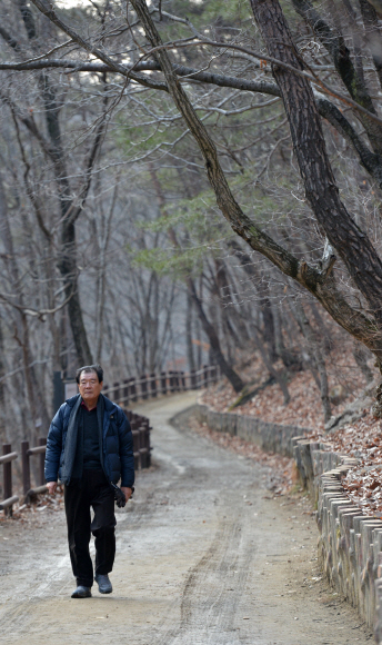 경북 청송군 주왕산 길을 걷고 있는 ‘길 위의 작가’ 김주영. 단편소설 한 편을 쓰는 데도 답사를 서너 차례 다니는 그는 객주 완결편을 쓰면서 울진~봉화~청송을 한 달에도 서너 번씩 내려가 걷고 또 걷는다.  손형준 기자 boltagoo@seoul.co.kr