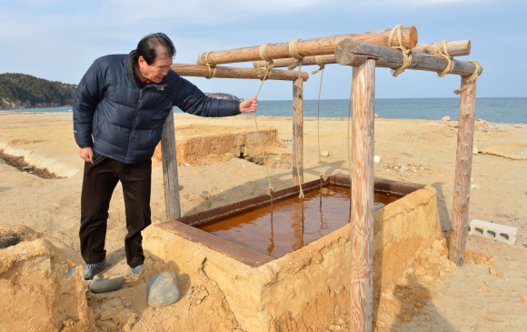 경북 울진군 수산리 바닷가에 재현된 염전을 돌아보는 김주영. 과거 이 지역은 모두 염전이었으나 해방된 뒤 모래사장으로 바뀌었다. 손형준 기자 boltagoo@seoul.co.kr