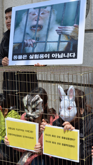 동물보호단체 회원들이 17일 오후 서울 서대문구 연세대 정문 앞에서 동물 실험 기관인 ‘에비슨의생명연구센터’(ABMRC) 개원을 반대하는 퍼포먼스를 벌이고 있다. 손형준 기자 boltagoo@seoul.co.kr