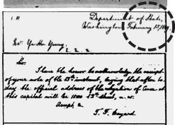 미 국무장관 T F 베이어드가 1889년 2월 15일에 주미공사 이하영에게 보낸 편지로, 1889년 2월 13일자로 옮긴 새 공사관의 주소를 확인한다는 내용이다. 국외소재문화재재단 제공