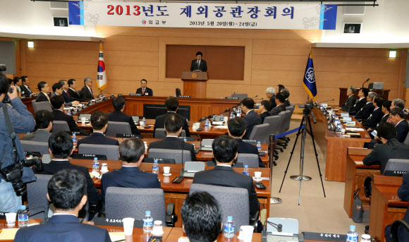 병세 외교부장관이 20일 외교부청사 3층 국제회의장에서 열린 재외공관장회의 개회식에서 개회사를 하고 있다.   연합뉴스