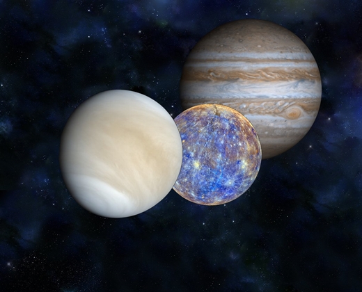 금성, 수성, 목성이 한자리에 모이는 현상. / NASA 가상 이미지
